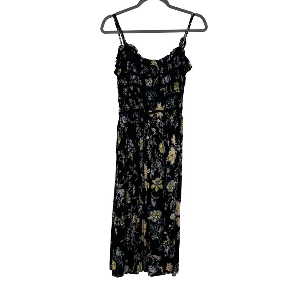Free People Isla Midi Dress S Black Dark Floral Ruched Tiered Sundress Boho - Picture 2 of 8
